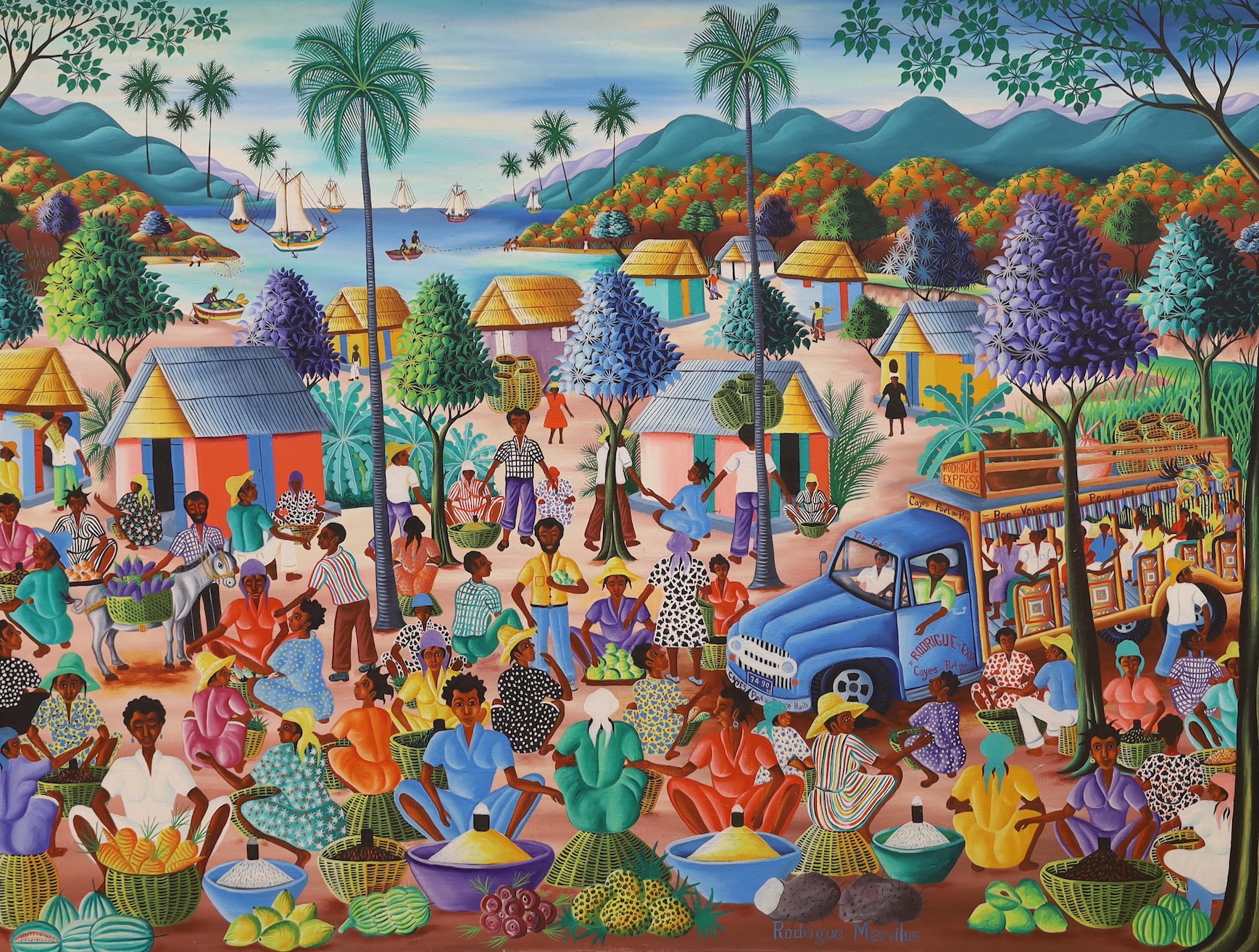 Rodrigue Mervilus (Haitian), oil on canvas, Market scene, signed, 91 x 121cm